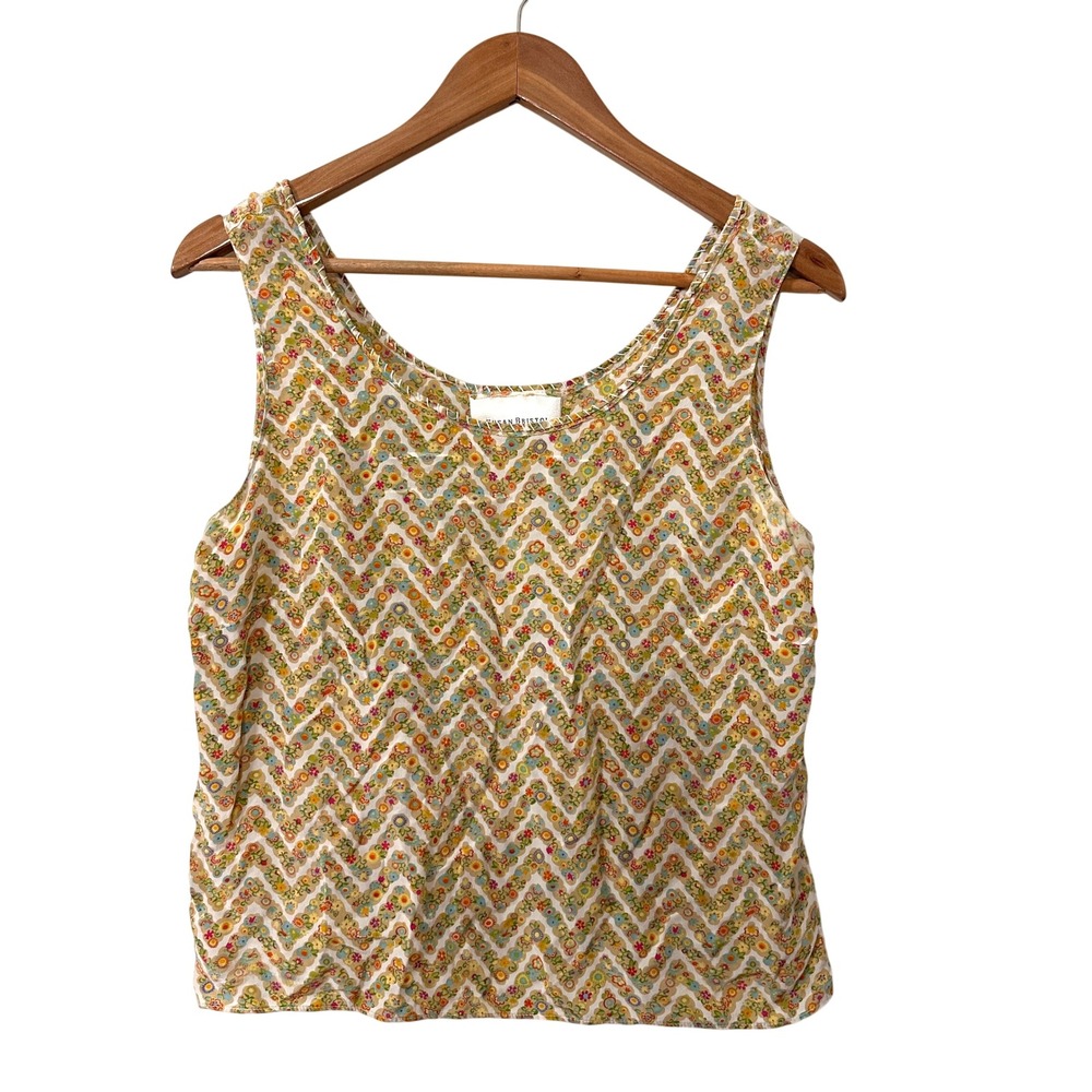 VTG 90s Susan Bristol 100% Silk Floral Chevron Tank Top 10 Cottage Boho Retro